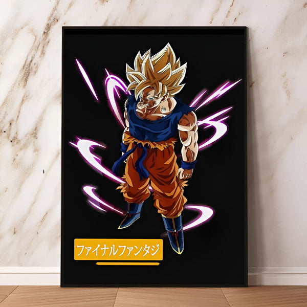 Une image de Son Goku, un personnage de la série animée Dragon Ball Z. Il est représenté en train de se tenir debout, les poings serrés, prêt à se battre. Il est entouré d'une aura dorée et porte un gi orange et bleu. En arrière-plan, on peut apercevoir un fond noir avec des éclairs violets.,PO-0857071726