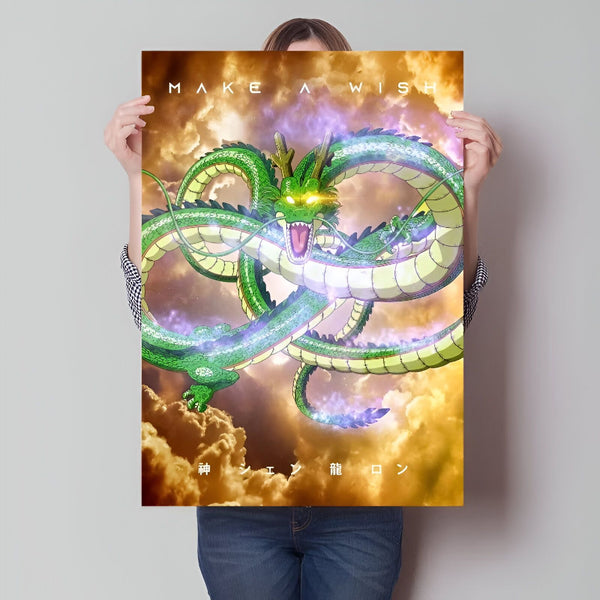 Une image de Shenron, le dragon sacré de la série animée japonaise Dragon Ball Z. Il est représenté en train de voler dans les nuages, entouré d'éclairs. En arrière-plan, on peut apercevoir le symbole de la Terre.,PO-7050145173