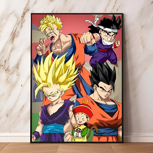 L'image représente les personnages de la série animée Dragon Ball Z. On peut y voir Goku, Gohan, Vegeta, Trunks et Goten.,PO-777978875X