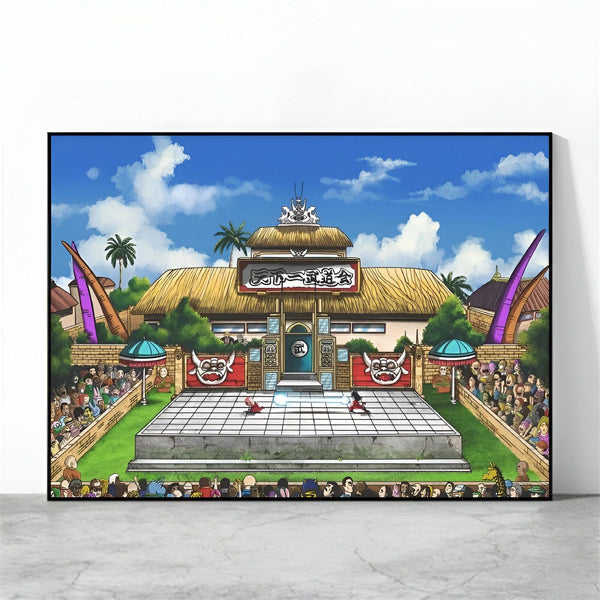 Une illustration du tournoi mondial d'arts martiaux de Dragon Ball Z. On peut voir le ring, les gradins et les spectateurs.,PO-2166589537