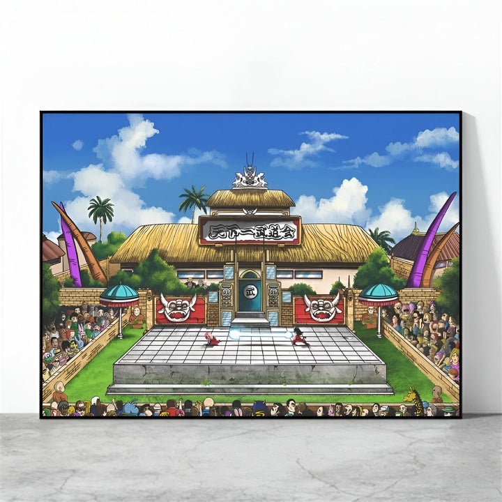Une illustration du tournoi mondial d'arts martiaux de Dragon Ball Z. On peut voir le ring, les gradins et les spectateurs.,PO-2166589537