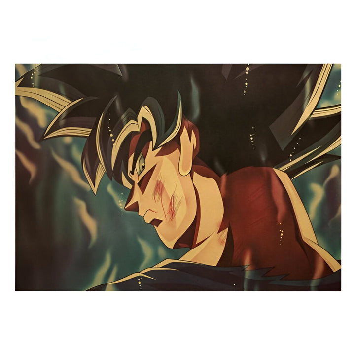 Une image de Son Goku, un personnage de la série animée Dragon Ball Z. Il est représenté de profil, avec les cheveux noirs hérissés et le regard déterminé. Il porte une combinaison orange et bleue déchirée, et est entouré d'une aura bleue.,PO-3379450715