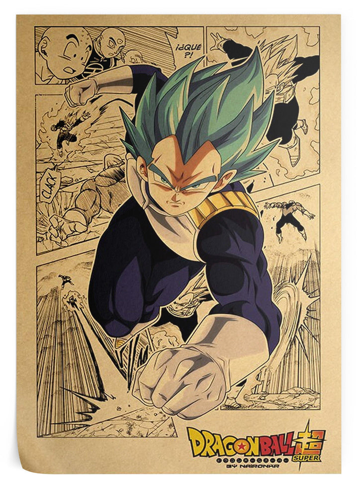 Une illustration de Vegeta, un personnage de Dragon Ball Super. Il est représenté en train de se battre, avec une expression déterminée sur le visage. Il est entouré d'autres personnages de la série, dont Goku, Gohan et Piccolo. L'arrière-plan est constitué de cases de manga, qui montrent Vegeta en train de se battre contre d'autres personnages.,PO-3870299525