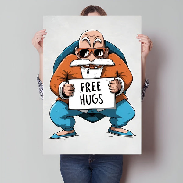 L'image représente un personnage de dessin animé chauve avec une longue barbe blanche et des lunettes de soleil. Il porte une carapace de tortue sur le dos et un écriteau "Free Hugs" autour du cou. Il est accroupi et a les bras ouverts.,PO-6925113285