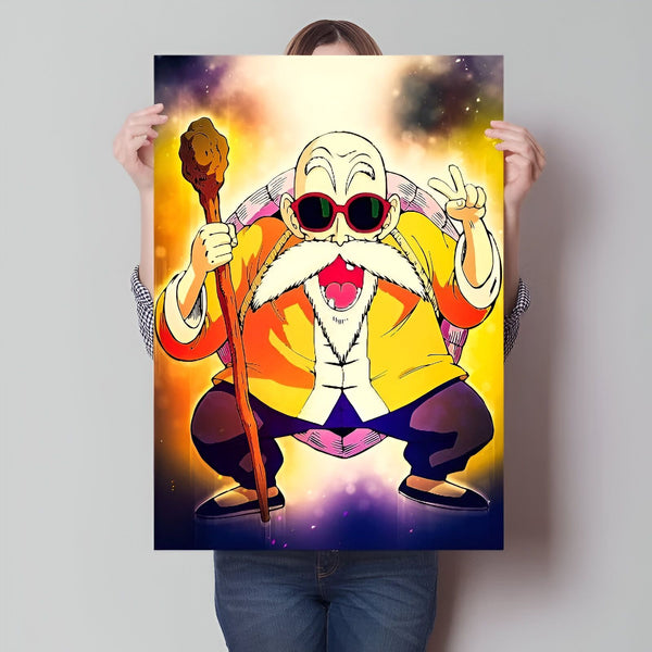 L'image représente un personnage de dessin animé chauve avec une longue barbe blanche, vêtu d'une combinaison jaune et orange et portant des lunettes de soleil. Il tient un bâton à la main et sourit. En arrière-plan, on peut voir un fond coloré avec des étoiles.,PO-0320121917