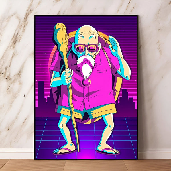 L'image représente un personnage âgé avec une barbe blanche, vêtu d'un kimono rose et d'un chapeau de paille. Il porte des lunettes de soleil et tient un bâton à la main. Il se trouve dans un décor de ville avec des buildings en arrière-plan.,PO-0453706746
