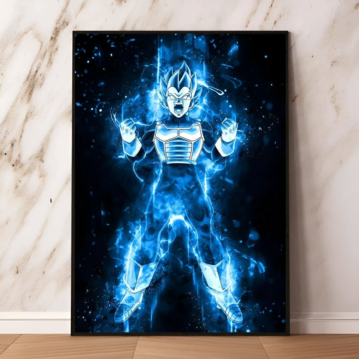 L'image représente un personnage de la série animée Dragon Ball Z, Vegeta, en train de se transformer en Super Saiyan. Il est entouré d'une aura bleue et jaune, et ses cheveux sont dressés vers le haut. Il porte une armure bleue et jaune, et il est en position de combat.,PO-1428781935