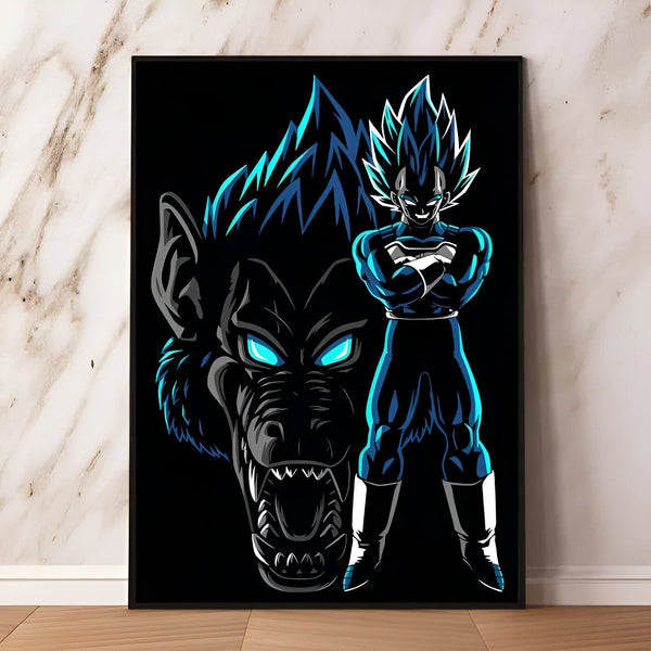 Une image de Vegeta, un personnage de la série Dragon Ball, debout devant un singe géant. Vegeta est un Saiyan, une race extraterrestre connue pour sa force et sa puissance. Il est le prince de la planète Vegeta, qui a été détruite par Freezer. Vegeta est un rival de Goku, le protagoniste de la série.,PO-8651189257