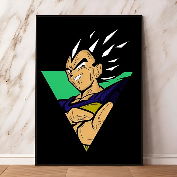 Une illustration de Vegeta, un personnage de la série animée Dragon Ball Z. Il est représenté avec les cheveux bleus et les yeux bleus, et porte une combinaison bleue et jaune. Il est en position de combat, avec les poings serrés et les muscles tendus. En arrière-plan, il y a un triangle vert.,PO-7215306585