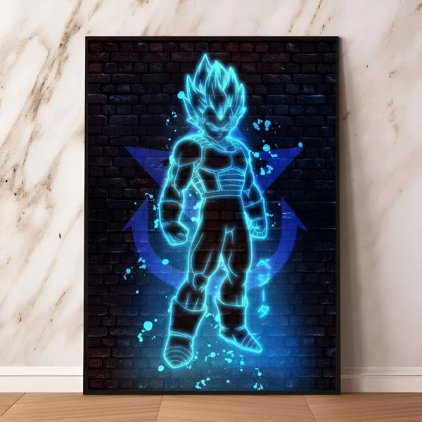 L'image représente un personnage de dessin animé, Vegeta, de la série Dragon Ball Z. Il est représenté en train de se tenir debout, avec les poings serrés, dans une pose de combat. Il est entouré d'un halo de lumière bleue.,PO-3774085609