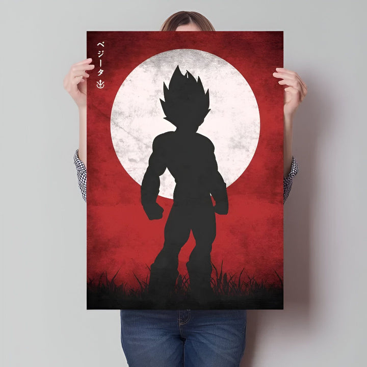 Une silhouette noire de Vegeta, un personnage de Dragon Ball Z, est représentée devant une pleine lune rouge.,PO-1291358331