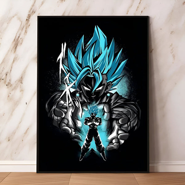 Une illustration de Vegeta, un personnage de la série animée Dragon Ball Z. Il est représenté en train de se transformer en Super Saiyan Blue, une transformation qui lui donne des cheveux bleus et une aura bleue. Il est entouré d'un fond noir et de fumée bleue.,PO-8307889375