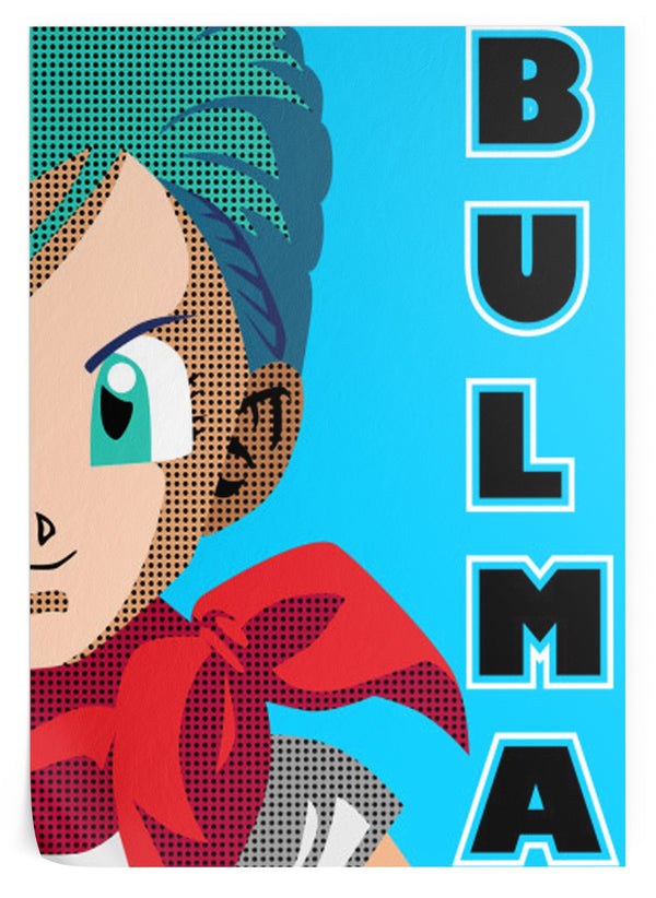 L'image représente un personnage de dessin animé aux cheveux bleus et portant un foulard rouge. Le fond est bleu clair et le personnage est entouré de points noirs. Le texte "Bulma" est écrit verticalement à droite du personnage.,PO-9031487805,PO-233675326X