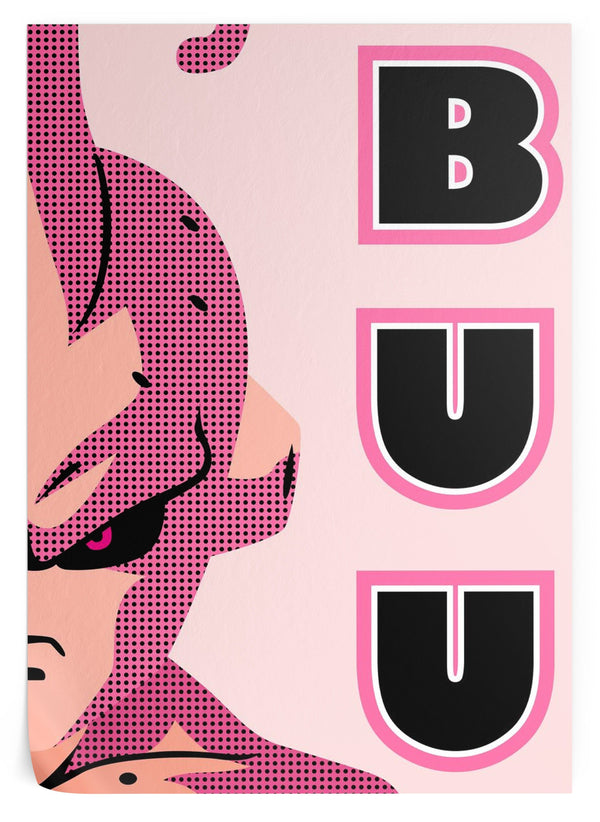 Une illustration de Buu, un personnage de Dragon Ball Z. Il est rose avec des points noirs et des yeux rouges. Il est représenté de profil et porte une expression menaçante.,PO-2096305497,PO-8041043615