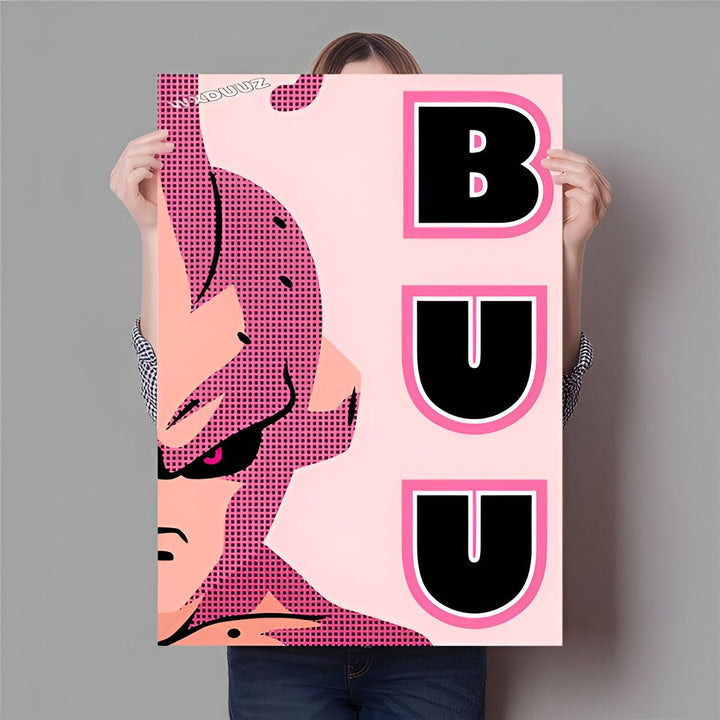 Une affiche rose avec le personnage de Majin Buu de la série Dragon Ball Z.,PO-2096305497,PO-8041043615