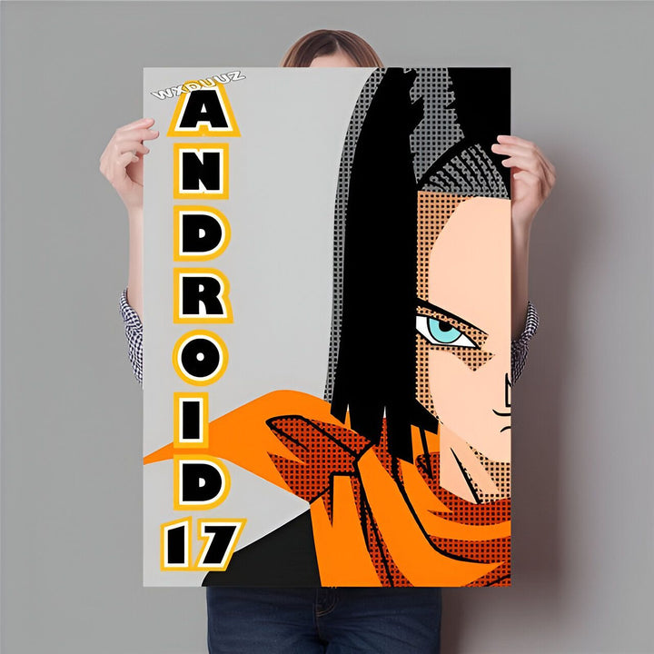 L'image représente un androïde aux cheveux noirs et aux yeux bleus. Il porte une écharpe orange et une veste noire. Il est écrit "ANDROÏD 17" à côté de lui.,PO-1992399972,PO-0273551213