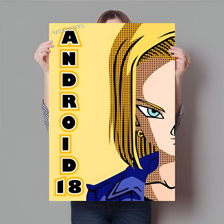 Une image d'Androïde 18, un personnage de Dragon Ball Z. Elle est représentée avec ses cheveux blonds et ses yeux bleus, sur un fond jaune.,PO-105816189X,PO-2152863216