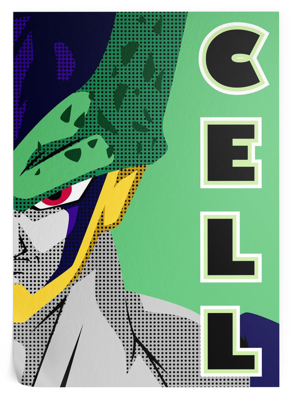 L'image représente le personnage de Cell de la série animée Dragon Ball Z. Il est représenté en gros plan, avec un regard déterminé. Il porte une carapace verte et des ailes noires. Le fond de l'image est vert et noir, avec des points blancs. Le texte "Cell" est écrit en vert et noir dans le coin supérieur droit de l'image.,PO-6478384020,PO-035366555X