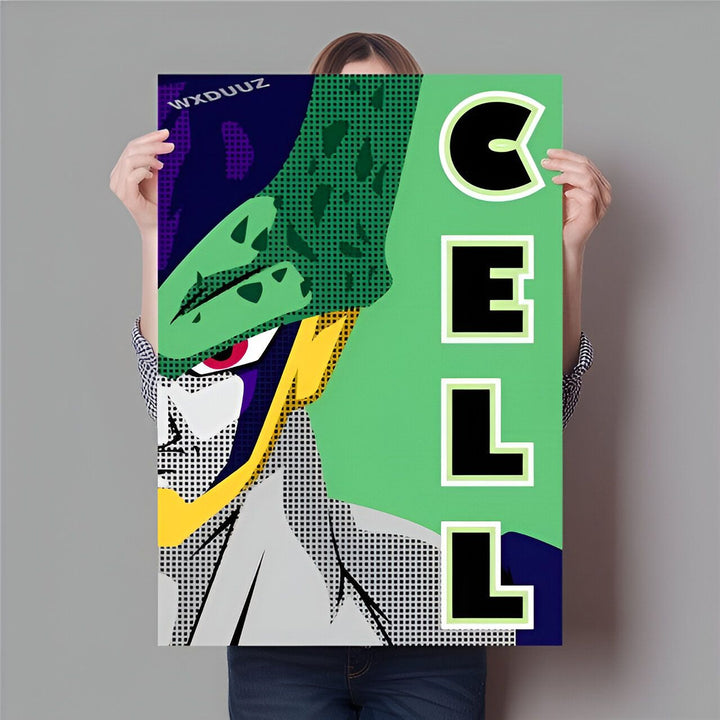 Une affiche de Cell, un personnage de Dragon Ball Z. Il est représenté avec un fond vert et des points noirs. Il a les cheveux verts et les yeux rouges. Il est en train de sourire.,PO-6478384020,PO-035366555X