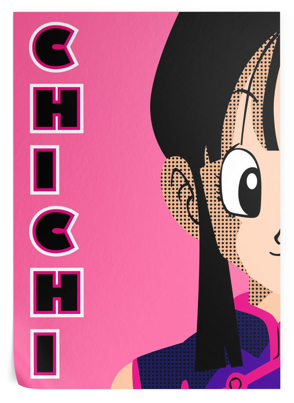 Une illustration de personnage de dessin animé mi-humaine mi-alien. Elle a les cheveux noirs et les yeux bleus. Elle porte une combinaison de combat bleue et rose. Le fond est rose avec le texte "CHI-CHI" écrit en noir et rose.,PO-665561807X,PO-1005310270