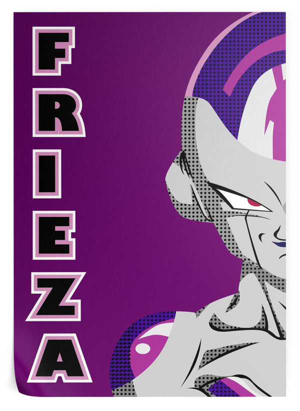 L'image représente un personnage de la série Dragon Ball Z, Freezer. Il est représenté de profil, avec un regard déterminé. Il porte une armure violette et grise. Le fond de l'image est violet foncé.,PO-3473107212,PO-7228179692