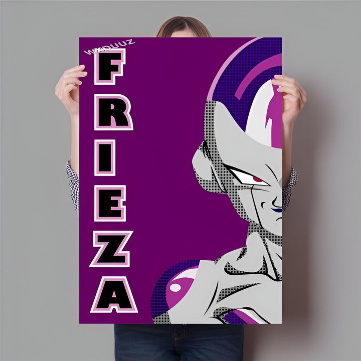 Une affiche de Freezer, un personnage de Dragon Ball Z. Il est représenté sur un fond violet avec un regard déterminé.,PO-3473107212,PO-7228179692