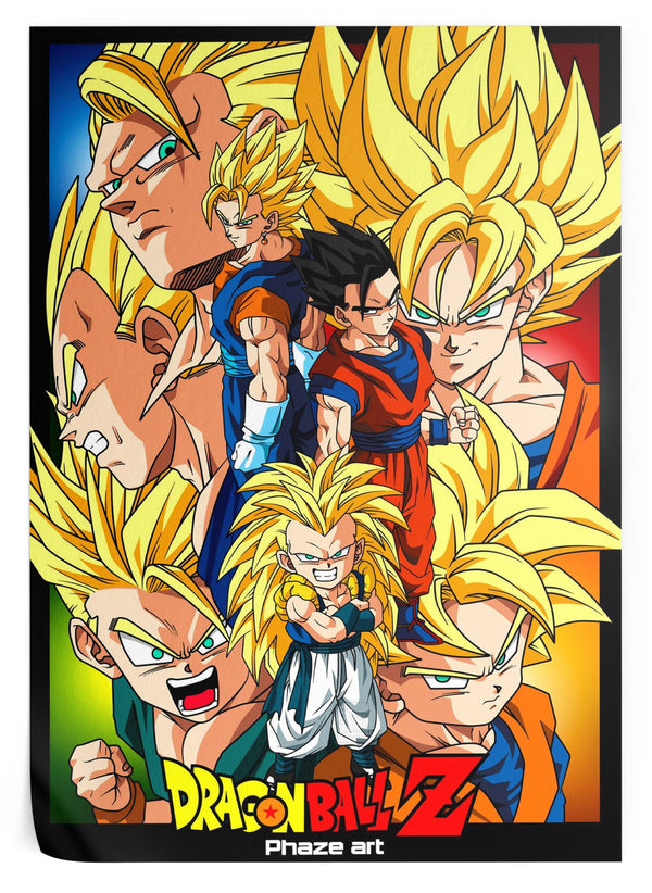 L'image représente les personnages du dessin animé Dragon Ball Z. On y voit Goku, Vegeta, Gohan, Trunks et Goten. Ils sont tous représentés dans leur forme Super Saiyan.,PO-0016745566