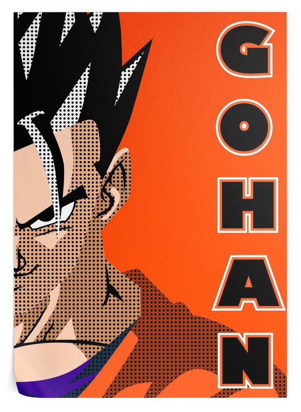 Une illustration de Son Gohan, un personnage de Dragon Ball Z. Il est représenté de profil, avec les cheveux noirs hérissés et les yeux bleus. Il porte une combinaison orange et violette. Le fond est orange avec le texte "Gohan" écrit en noir et blanc.,PO-0229621317,PO-2340953375
