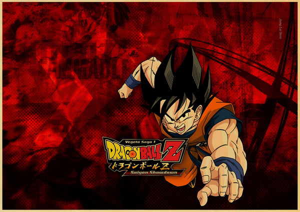 Une image de Son Goku, un personnage de la série animée Dragon Ball Z. Il est représenté en train de se battre, avec ses cheveux noirs hérissés et sa combinaison orange. Le fond de l'image est rouge et noir.,PO-0982325355,PO-9667011666