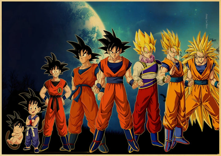 L'image représente les personnages de la série animée Dragon Ball Z. On y voit Goku, le personnage principal, à différents moments de sa vie. Il est d'abord représenté enfant, puis adolescent, puis adulte. On le voit également se transformer en Super Saiyan, une transformation qui lui permet d'augmenter considérablement sa puissance.,PO-7802368642,PO-5914433266