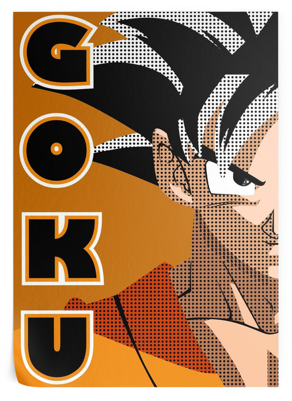 Une illustration de Son Goku, un personnage de la série animée Dragon Ball Z. Il est représenté de profil, avec les cheveux noirs hérissés et les yeux bleus. Il porte une combinaison orange et bleue. Le fond est orange avec des pois noirs.,PO-7113454518,PO-6972795869