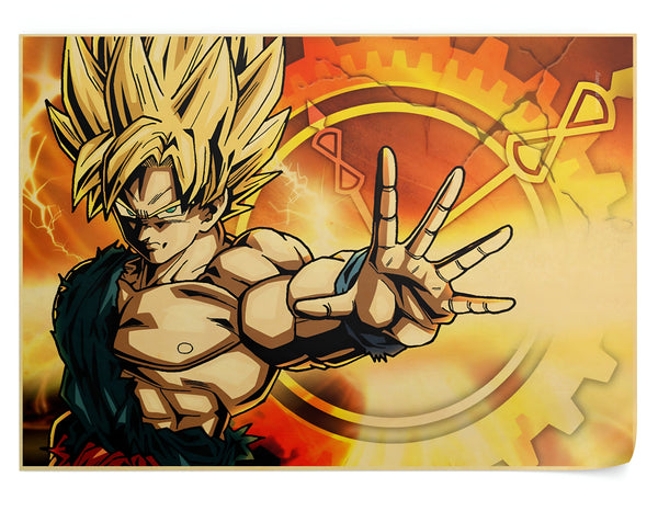 Une image de Son Goku, un personnage de la série animée Dragon Ball Z. Il est représenté en train de se battre, avec ses cheveux blonds hérissés et ses muscles saillants. En arrière-plan, on peut voir un fond orange et jaune avec des engrenages et des symboles.,PO-3574196954,PO-4932497989