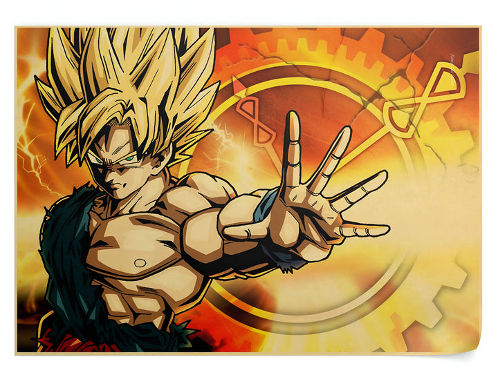 Une image de Son Goku, un personnage de la série animée Dragon Ball Z. Il est représenté en train de se battre, avec ses cheveux blonds hérissés et ses muscles saillants. En arrière-plan, on peut voir un fond orange et jaune avec des engrenages et des symboles.,PO-3574196954,PO-4932497989
