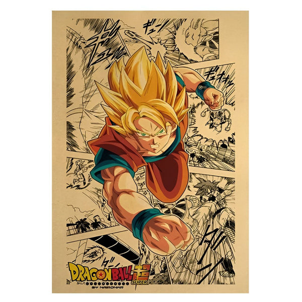 Une image de Son Goku, un personnage de la série animée Dragon Ball Super. Il est représenté en train de voler et de tirer un Kamehameha, une attaque énergétique. En arrière-plan, on peut voir des cases du manga Dragon Ball.,PO-4088928016