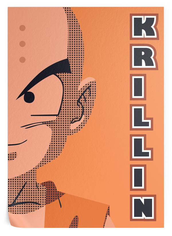 Une illustration de Krilin, un personnage de Dragon Ball. Il est chauve et a de grands yeux noirs. Il porte une chemise orange et un pantalon bleu. Il est représenté de profil et regarde vers la droite. Le fond est orange et il y a du texte écrit en noir sur la droite.,PO-6647536329,PO-6704699775