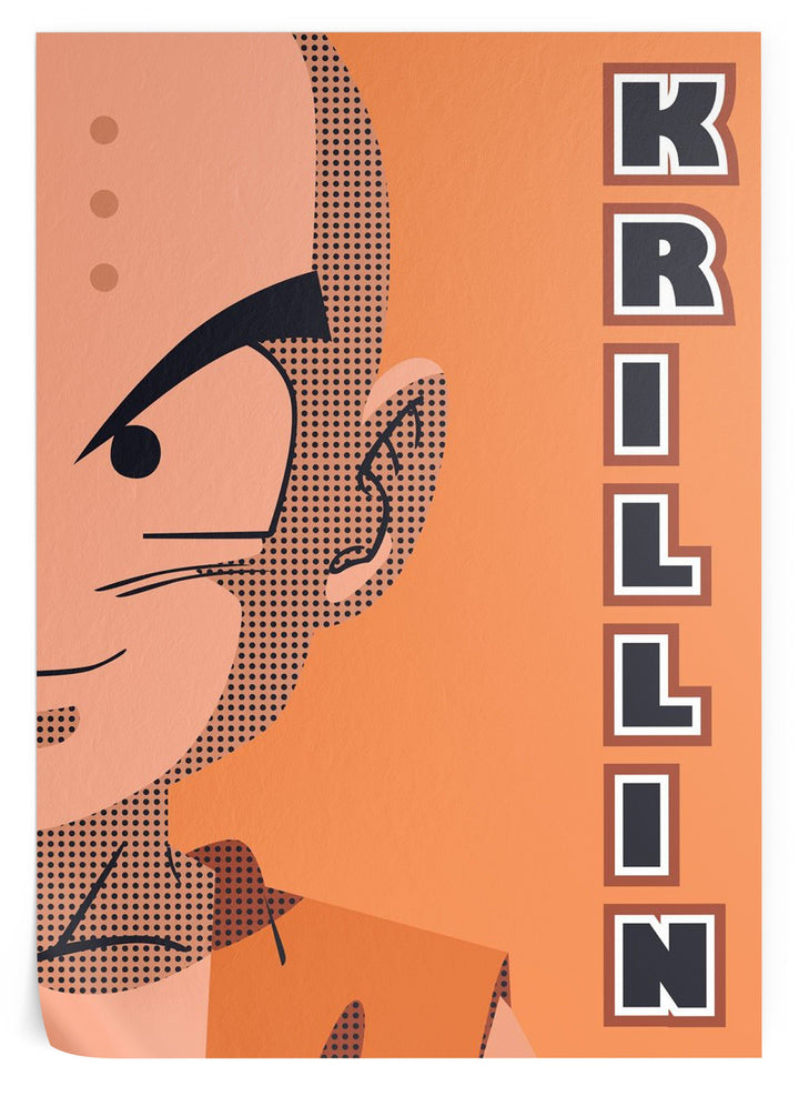 Une illustration de Krilin, un personnage de Dragon Ball. Il est chauve et a de grands yeux noirs. Il porte une chemise orange et un pantalon bleu. Il est représenté de profil et regarde vers la droite. Le fond est orange et il y a du texte écrit en noir sur la droite.,PO-6647536329,PO-6704699775