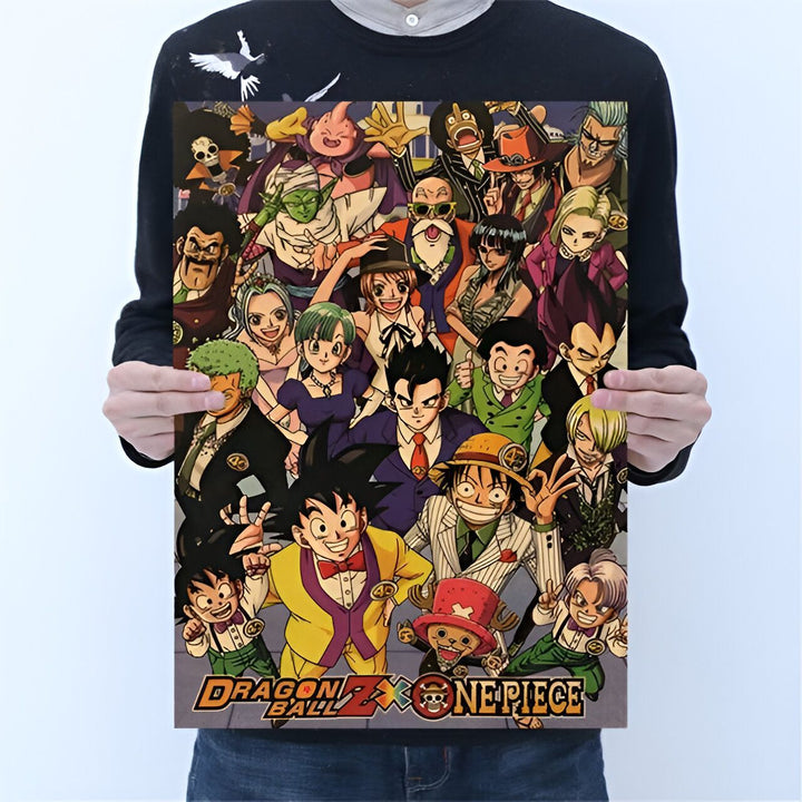 L'image représente une affiche de Dragon Ball Z et One Piece. Les personnages sont représentés dans des tenues de soirée.,PO-4178881140