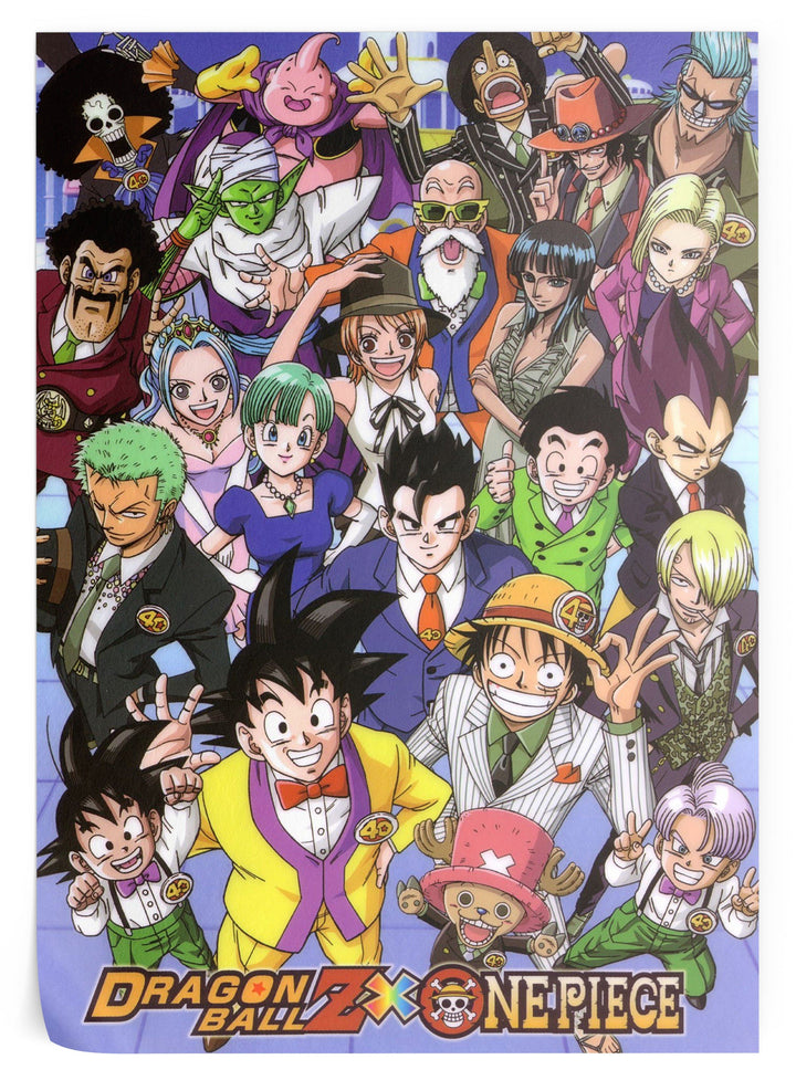 L'image représente les personnages des dessins animés Dragon Ball Z et One Piece. Il y a Goku, Vegeta, Trunks, Gohan, Piccolo, Krilin, Yamcha, Bulma, Nami, Luffy, Zoro, Sanji, Usopp, Chopper, Robin, Franky et Brook.,PO-4178881140