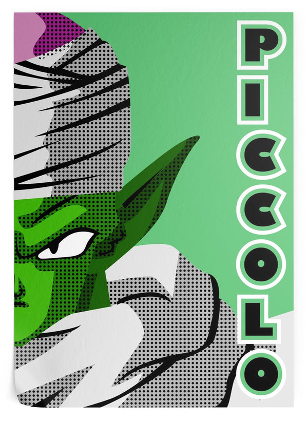 Une illustration de Piccolo de Dragon Ball Z. Il est représenté de profil, avec son turban et son œil vert. Le fond est vert clair avec le texte "Piccolo" écrit en noir et blanc.,PO-718525972X,PO-1252471270