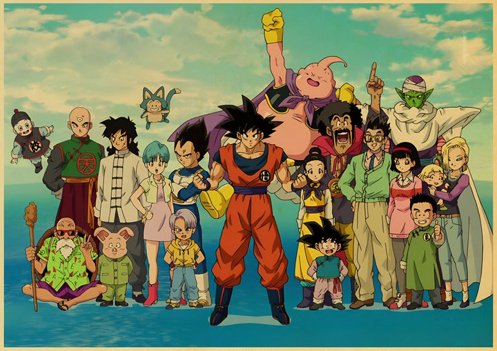 L'image représente les personnages du dessin animé Dragon Ball Z. On y trouve Goku, Vegeta, Piccolo, Gohan, Trunks, Goten, Krilin, Yamcha, Bulma, Videl, Sharpner, Oolong, Tortue Géniale, Pual et Majin Buu.,PO-1359973494,PO-3186609291