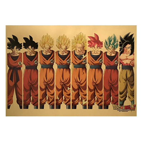 L'image représente les différentes transformations de Son Goku, le personnage principal de la série animée Dragon Ball. On peut le voir avec ses cheveux noirs, puis avec ses cheveux jaunes, puis avec ses cheveux bleus et enfin avec ses cheveux rouges.,PO-8100610983