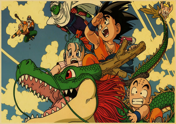 L'image représente les personnages de la série animée Dragon Ball Z. On peut y voir Goku, Bulma, Krilin et Tortue Géniale sur le dos d'un dragon.,PO-3788625228