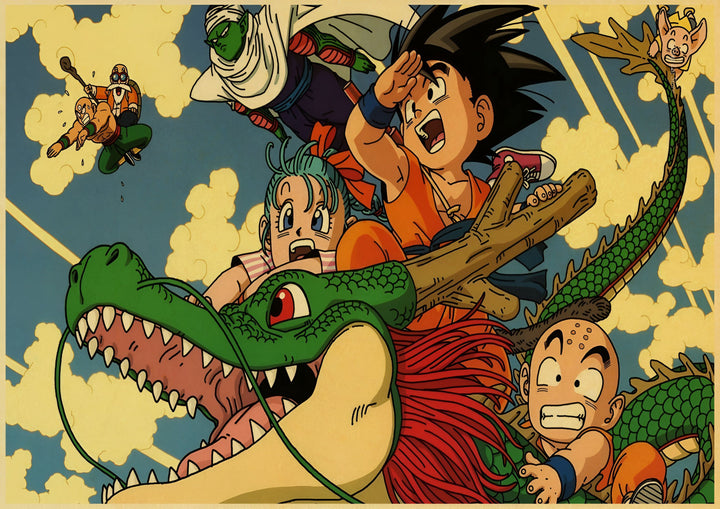 L'image représente les personnages de la série animée Dragon Ball Z. On peut y voir Goku, Bulma, Krilin et Tortue Géniale sur le dos d'un dragon.,PO-3788625228