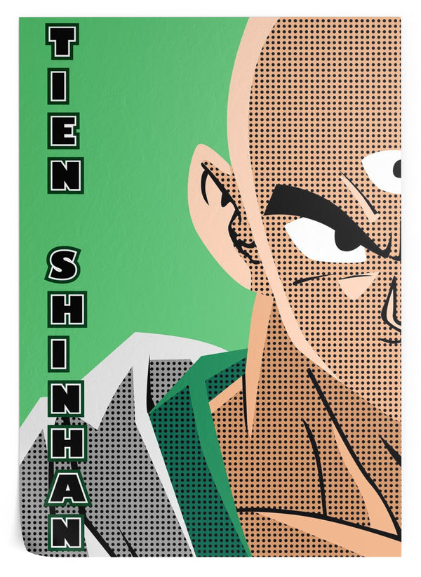 Une illustration de Tenshinhan, un personnage de Dragon Ball Z. Il est chauve et a un troisième œil sur le front. Il porte une veste verte et blanche.,PO-267298851X,PO-5668050696