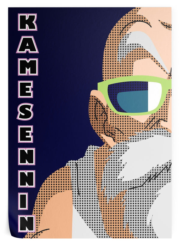 Une illustration de Kame Sennin, un personnage de Dragon Ball Z. Il est représenté de face, avec ses lunettes de soleil et sa moustache. Il porte une chemise blanche et un pantalon bleu. Le fond est bleu foncé avec des pois oranges.,PO-6959116112,PO-0389228230