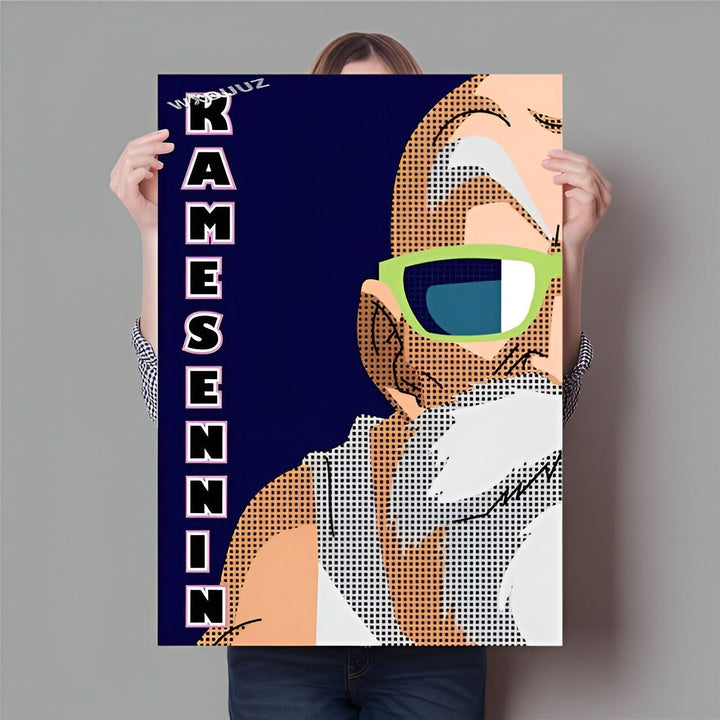 L'image représente un poster de Kame Sennin, un personnage de Dragon Ball Z. Il est représenté avec ses lunettes de soleil vertes et sa longue barbe blanche. Le fond est bleu foncé avec des pois jaunes.,PO-6959116112,PO-0389228230