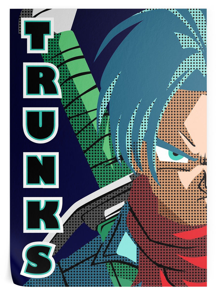 Une illustration de Trunks, un personnage de Dragon Ball Z. Il est représenté de face, avec les cheveux bleus et les yeux verts. Il porte une combinaison bleue et jaune et tient une épée. Le fond est bleu foncé avec des points blancs.,PO-2011059461,PO-852218531X