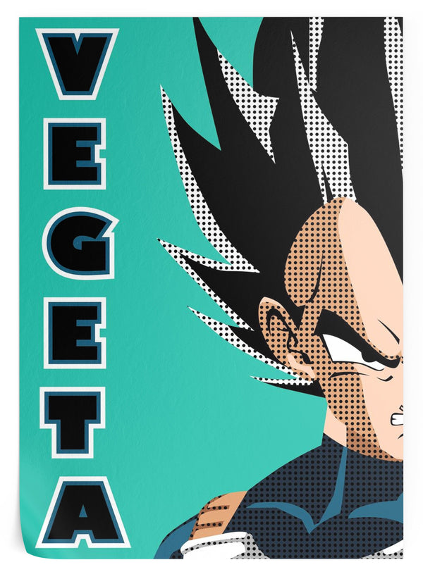 Une illustration de Vegeta, un personnage de la série animée Dragon Ball Z. Il est représenté de profil, avec les cheveux noirs et les yeux bleus. Il porte une combinaison bleue et jaune. Le fond est vert.,PO-8553461912,PO-6158786802