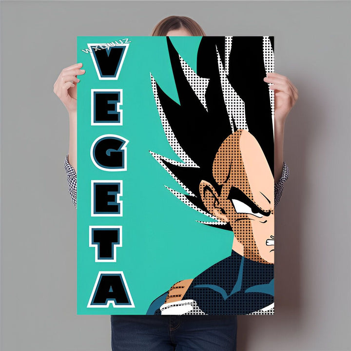 Une image de Vegeta, un personnage de la série Dragon Ball Z. Il est représenté de profil, avec les cheveux noirs et les yeux bleus. Il porte une combinaison bleue et jaune. Le fond est vert et bleu.,PO-8553461912,PO-6158786802