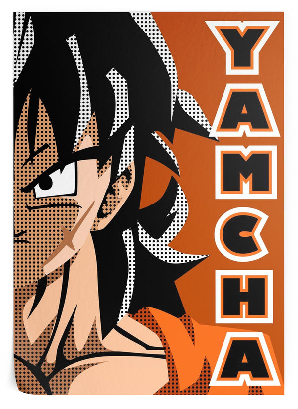 Une illustration de Yamcha, un personnage de la série Dragon Ball. Il est représenté de profil, avec ses cheveux noirs hérissés et ses yeux bleus. Il porte une veste orange et une chemise bleue. Le texte "Yamcha" est écrit verticalement à droite de l'image.,PO-8910373474,PO-3202899694